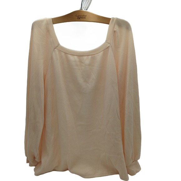 Tops - Waffle Knit Square Neck Long Sleeve Top Peach XL Raglan Balloon Sleeve Thermal